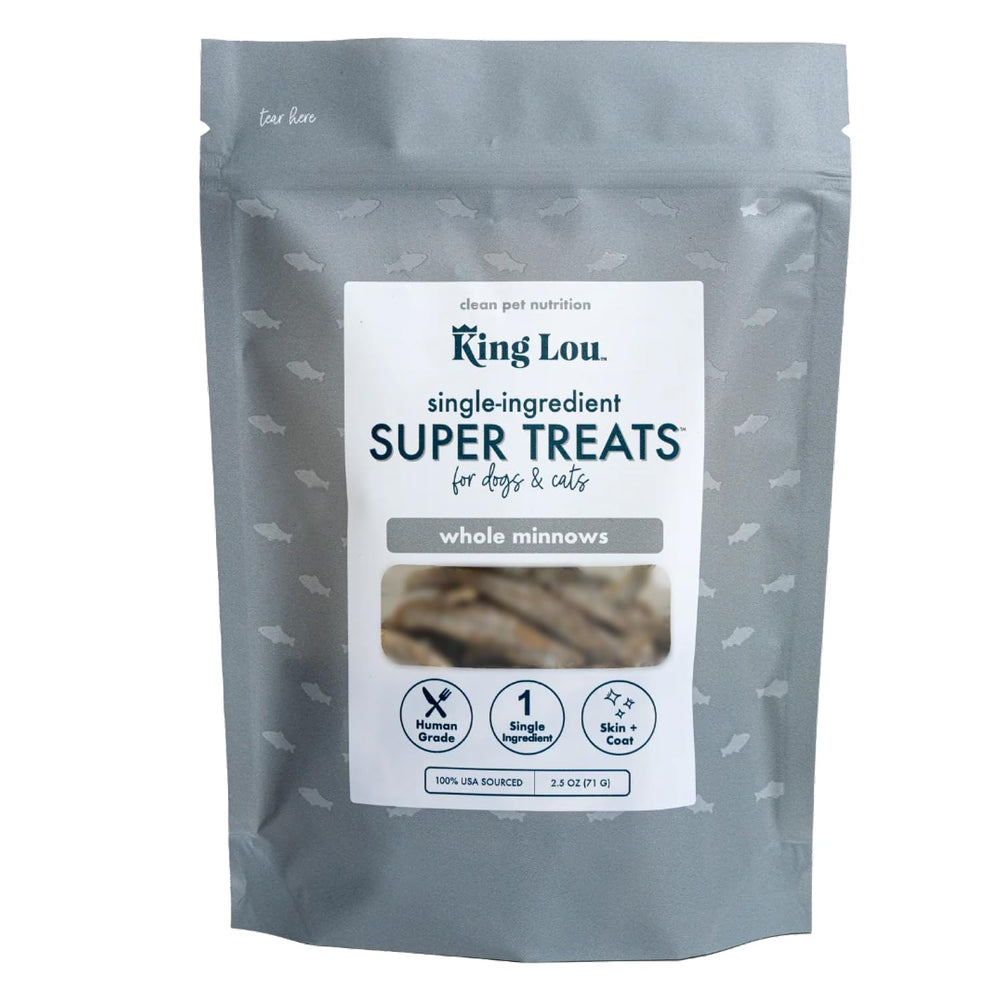 King Lou Minnows bag front showing single-ingredient treat option for pets.