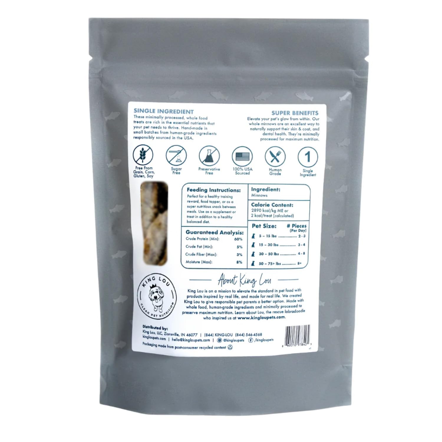 King Lou Minnows single-ingredient fish snack for pets.