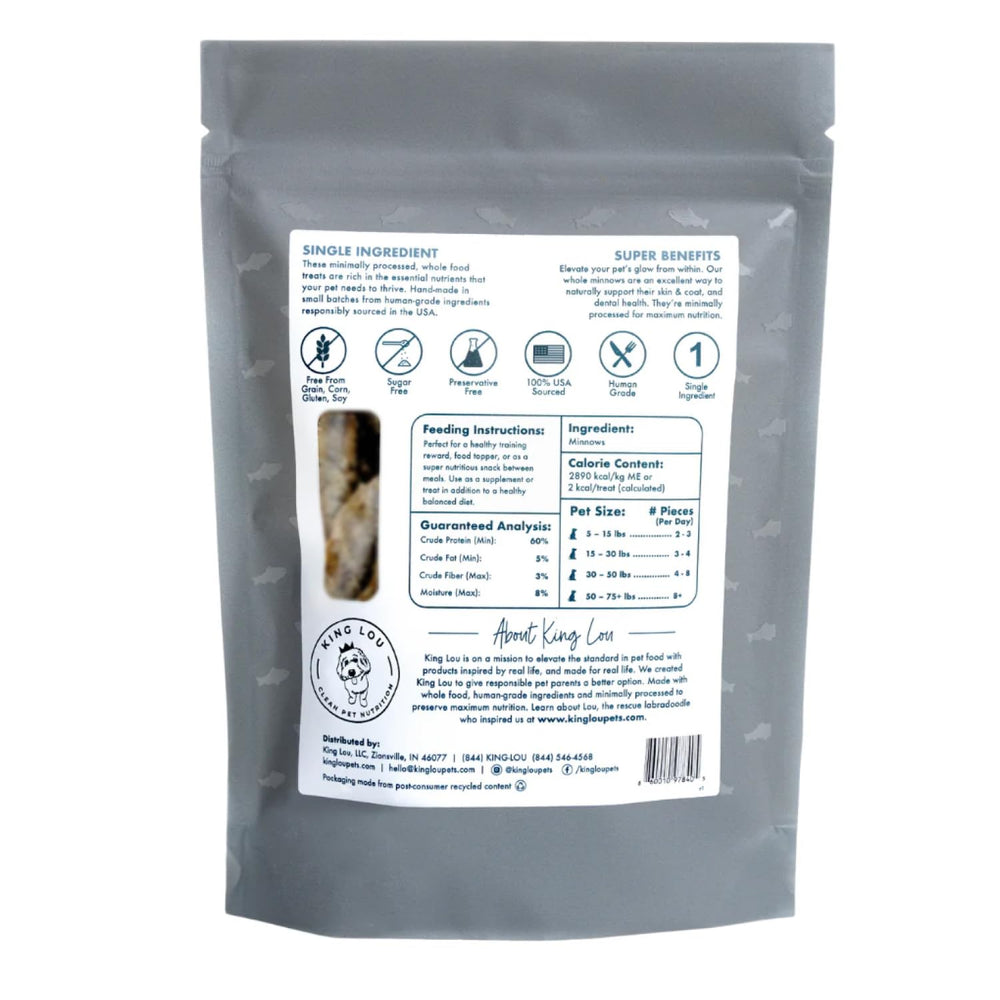 King Lou Minnows single-ingredient fish snack for pets.