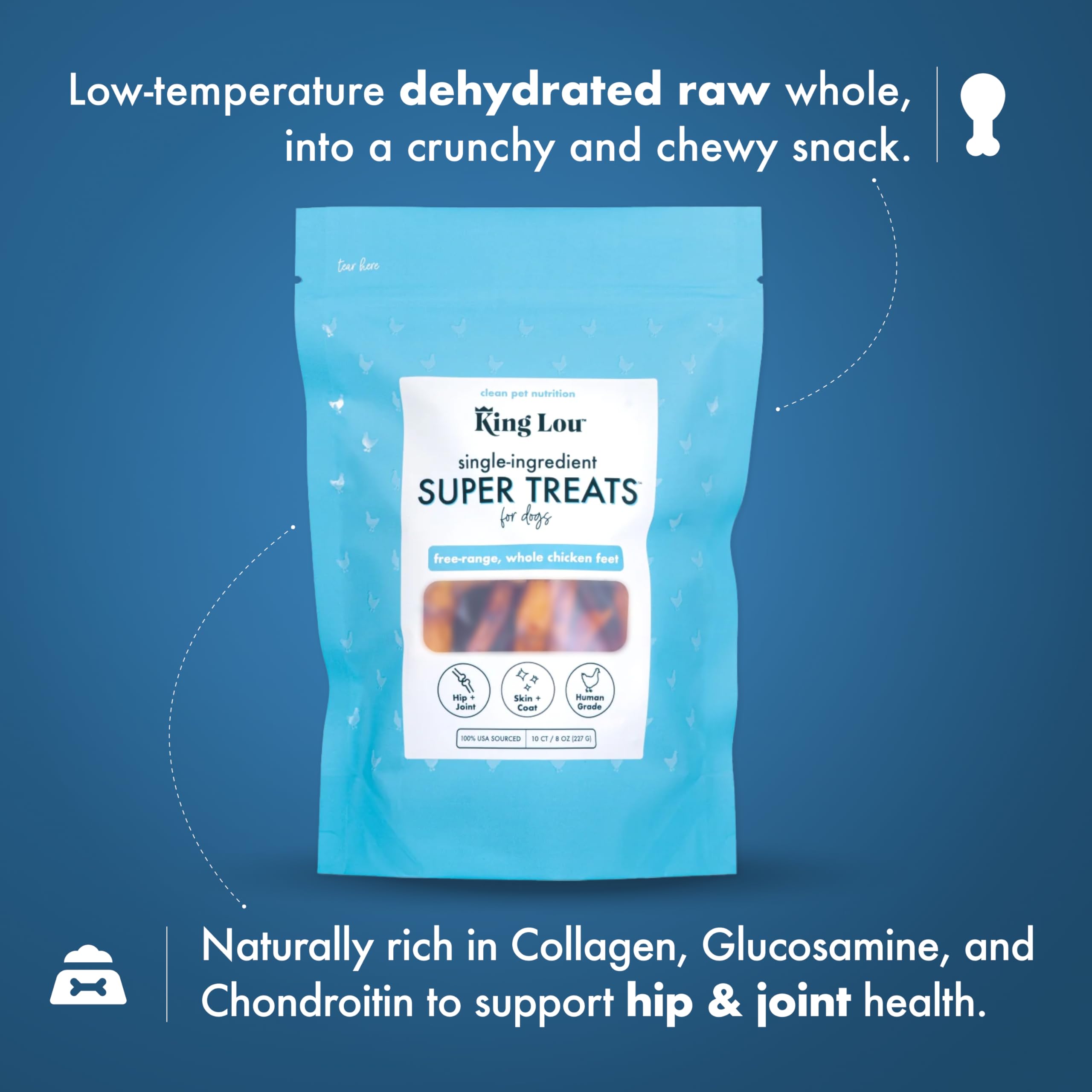 King Lou Pets collagen and glucosamine rich chew, flavorful crunch.