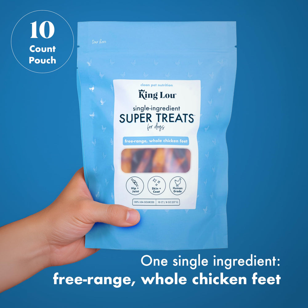 King Lou Pets dental treat visuals: single-ingredient, natural dog snack.
