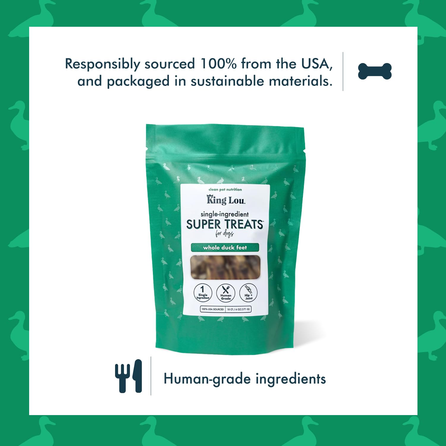 King Lou Pets duck feet close-up crunch highlighting dental-health-friendly texture for dogs
