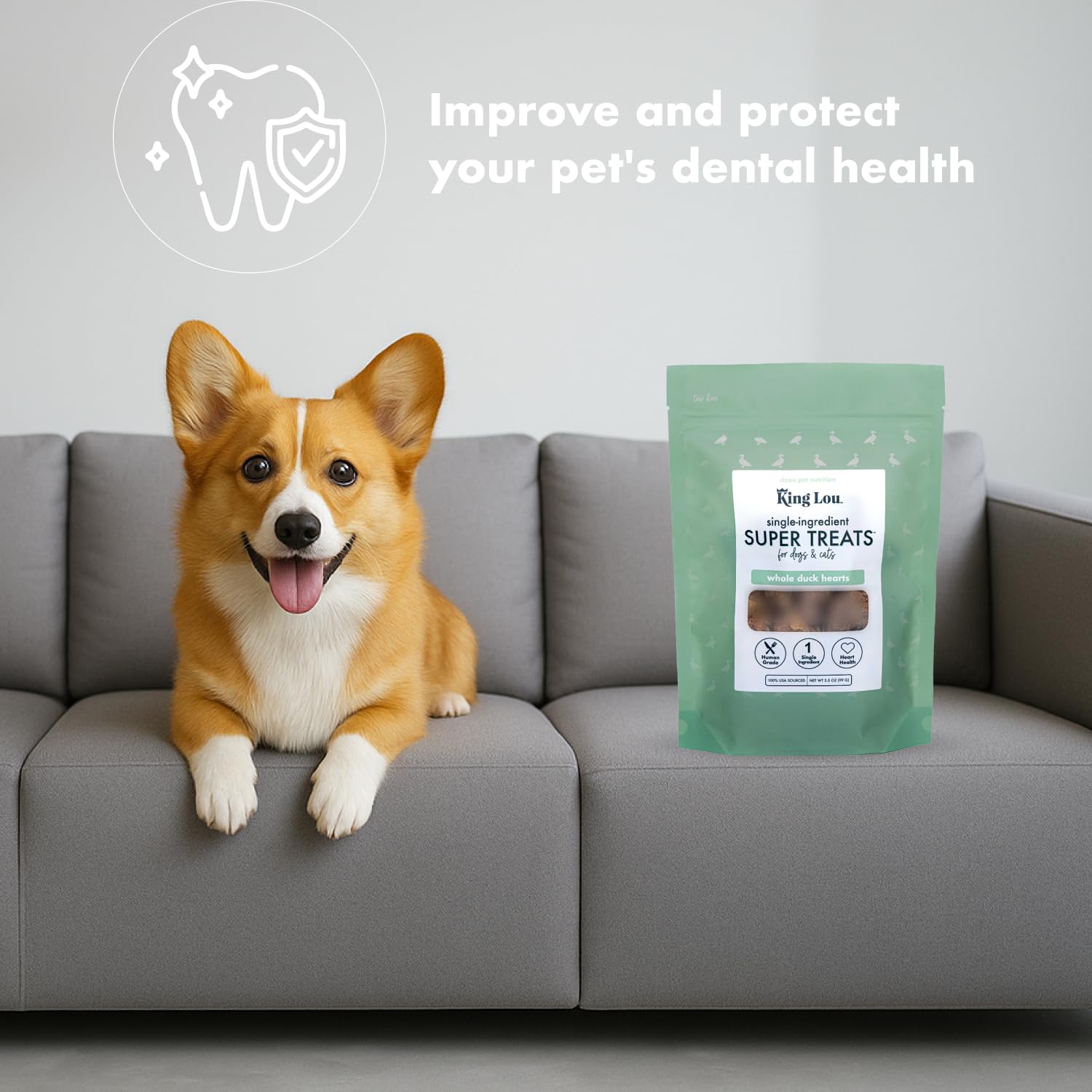 King Lou Pets single ingredient duck hearts highlight pure snack