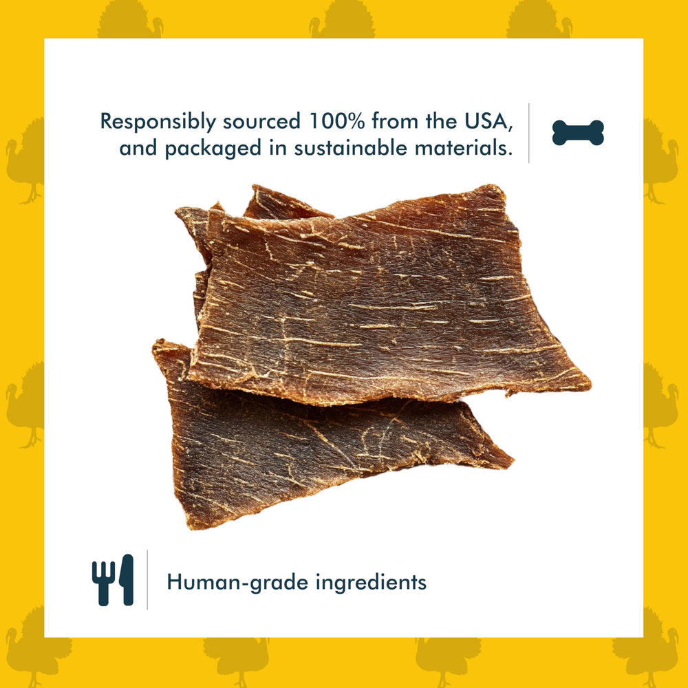 King Lou Pets turkey jerky closeup highlights crispy dehydrated texture for dogs