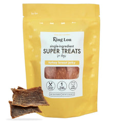 King Lou Pets turkey jerky pack shot shows lean protein snack for dogs