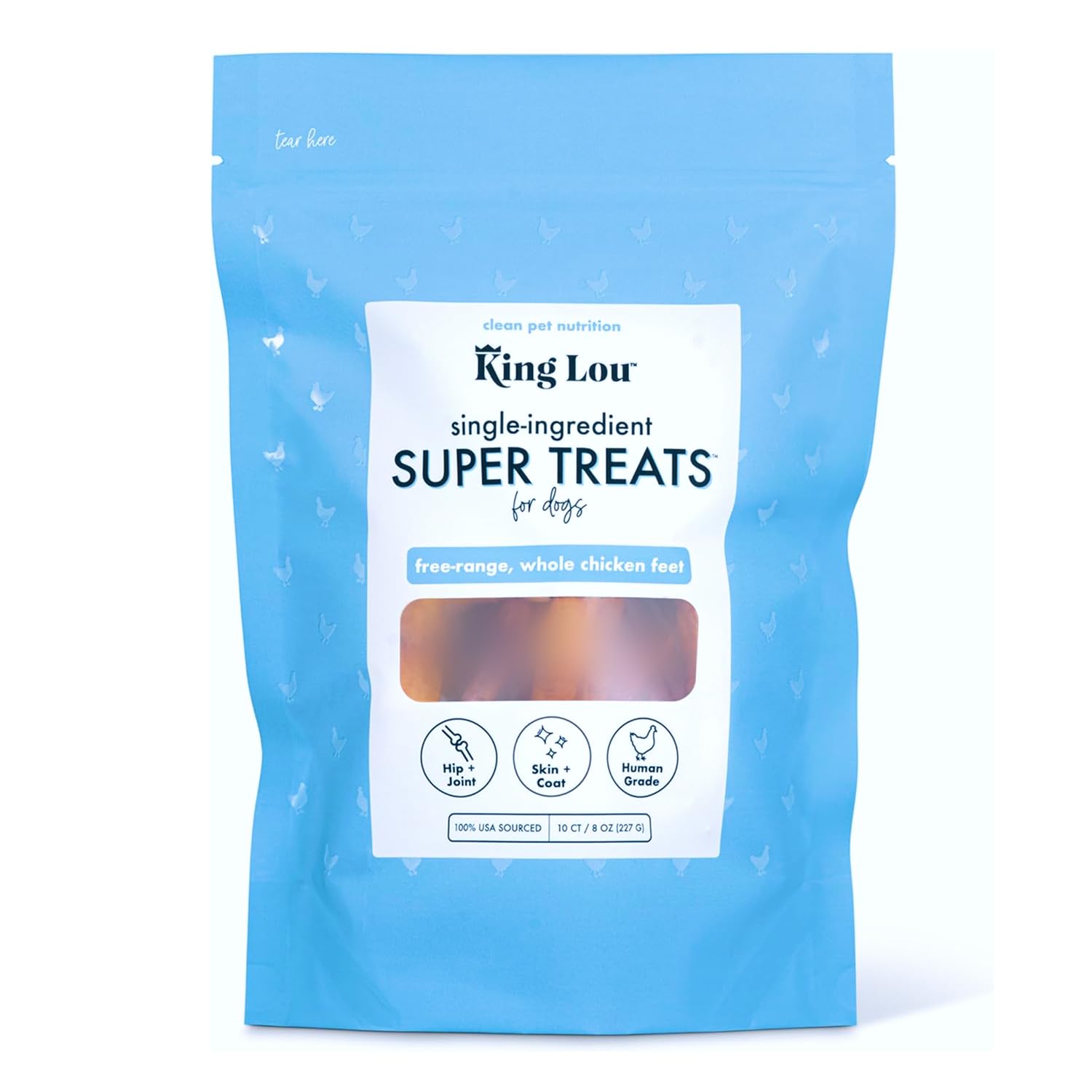 King Lou Pets whole chicken feet pack 10-count, USA-made dental chew.