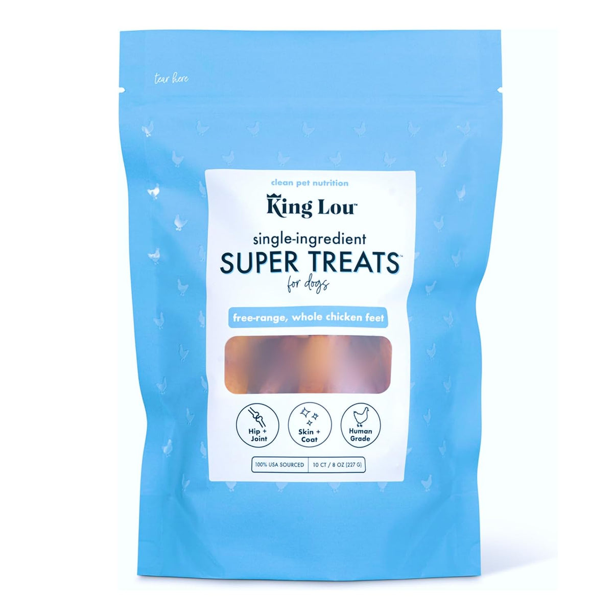 King Lou Pets whole chicken feet pack 10-count, USA-made dental chew.