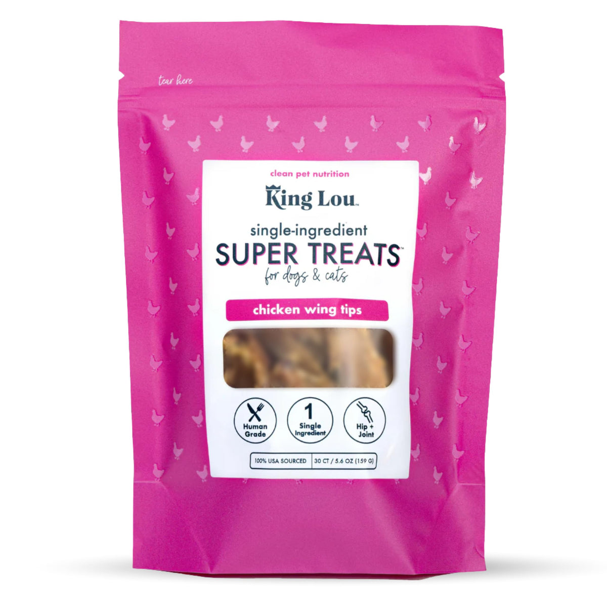 King Lou Pets whole chicken wing tips pack for dogs and cats, single-ingredient goodness.