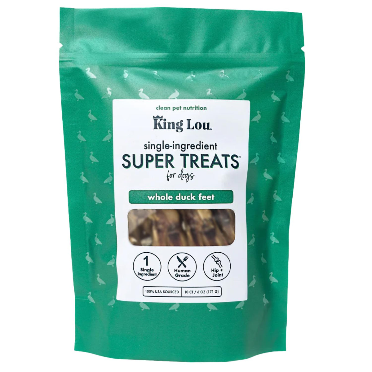 King Lou Pets whole duck feet pack image showing a single-ingredient dental chew for dogs