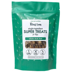 King Lou Pets whole duck feet pack image showing a single-ingredient dental chew for dogs
