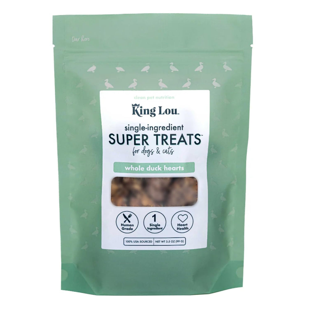 King Lou Pets pack shot of USA-made whole duck hearts as a simple protein-packed treat