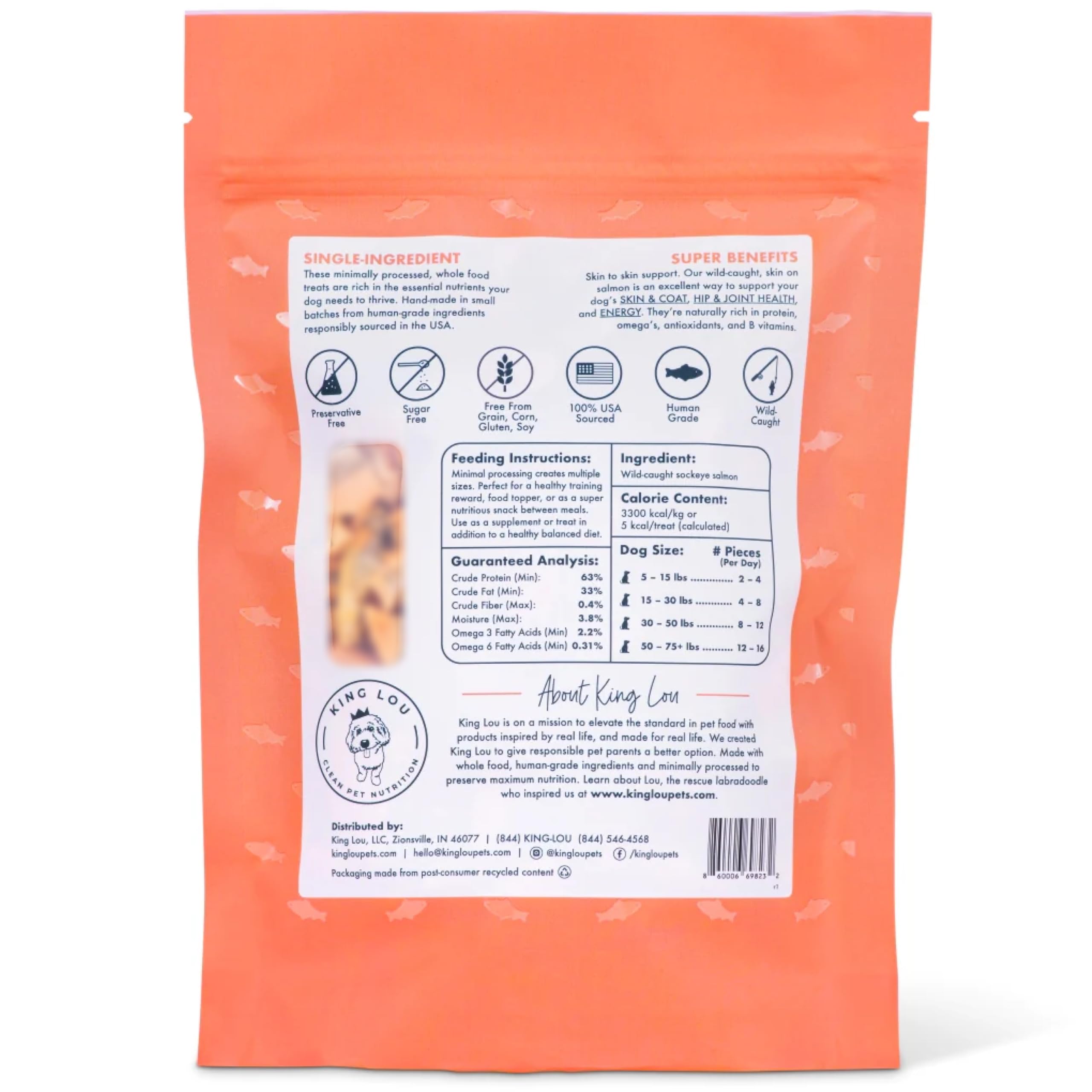 Ingredient label featuring human-grade salmon for King Lou bites
