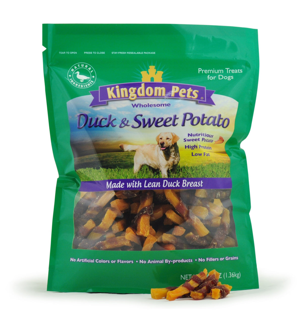 Kingdom Pets duck jerky sweet potato 3lb bag highlights protein packed treats for training moments.