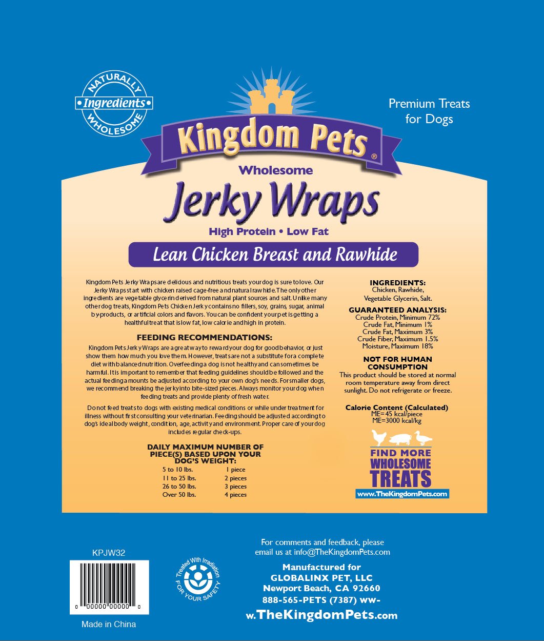Kingdom Pets filler-free chicken jerky wraps chunks, easy chews for small dogs.