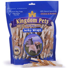 Kingdom Pets filler-free chicken jerky wraps packaging, quick rewards ready.