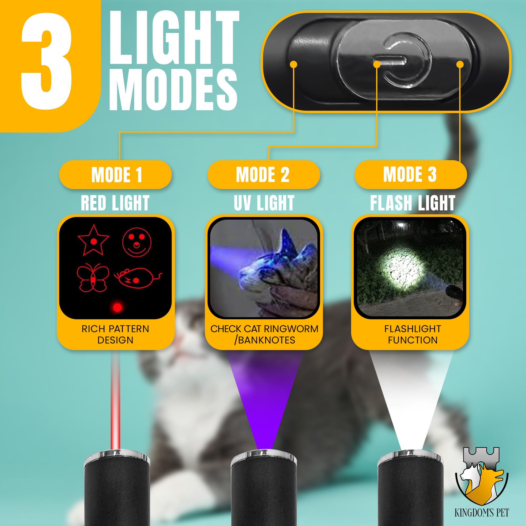 KINGDOM'S PET 3-in-1 rechargeable-laser-setup shown with USB charging convenience.