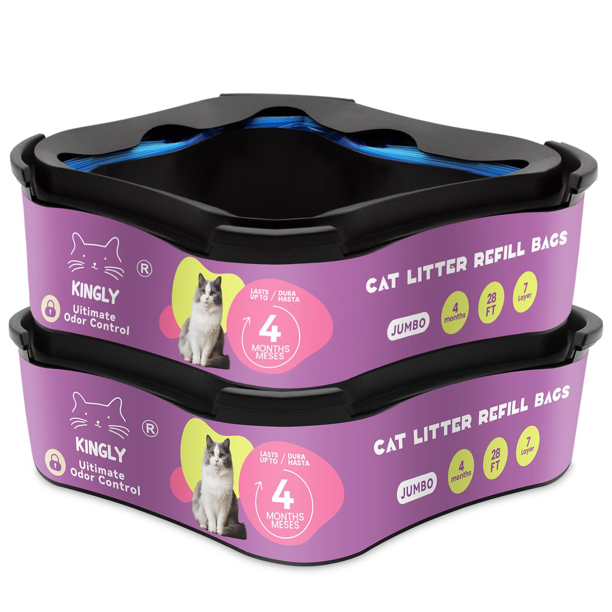 Kingly premium cat litter refill 2-pack packaging shows durable bags for long-lasting use.