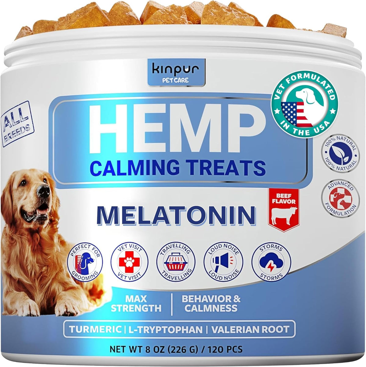 Kinpur Calming Chews jar label highlights ingredients for calming support