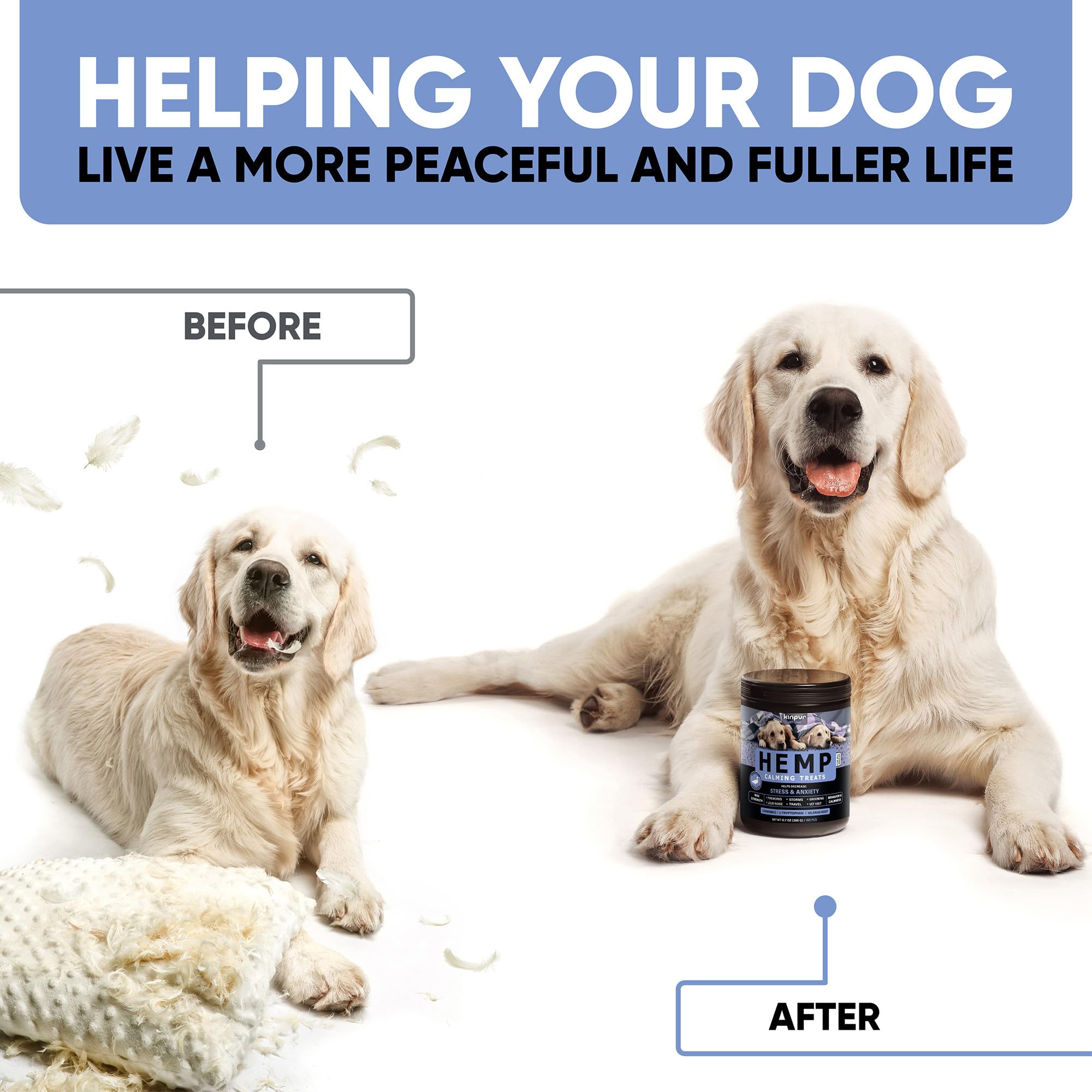 Kinpur dog calming chews duck flavor closeup: natural ingredients for gentle anxiety support.