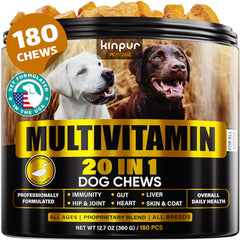Kinpur Dog Multivitamin front packaging highlights a 20-in-1 formula for overall canine wellness.