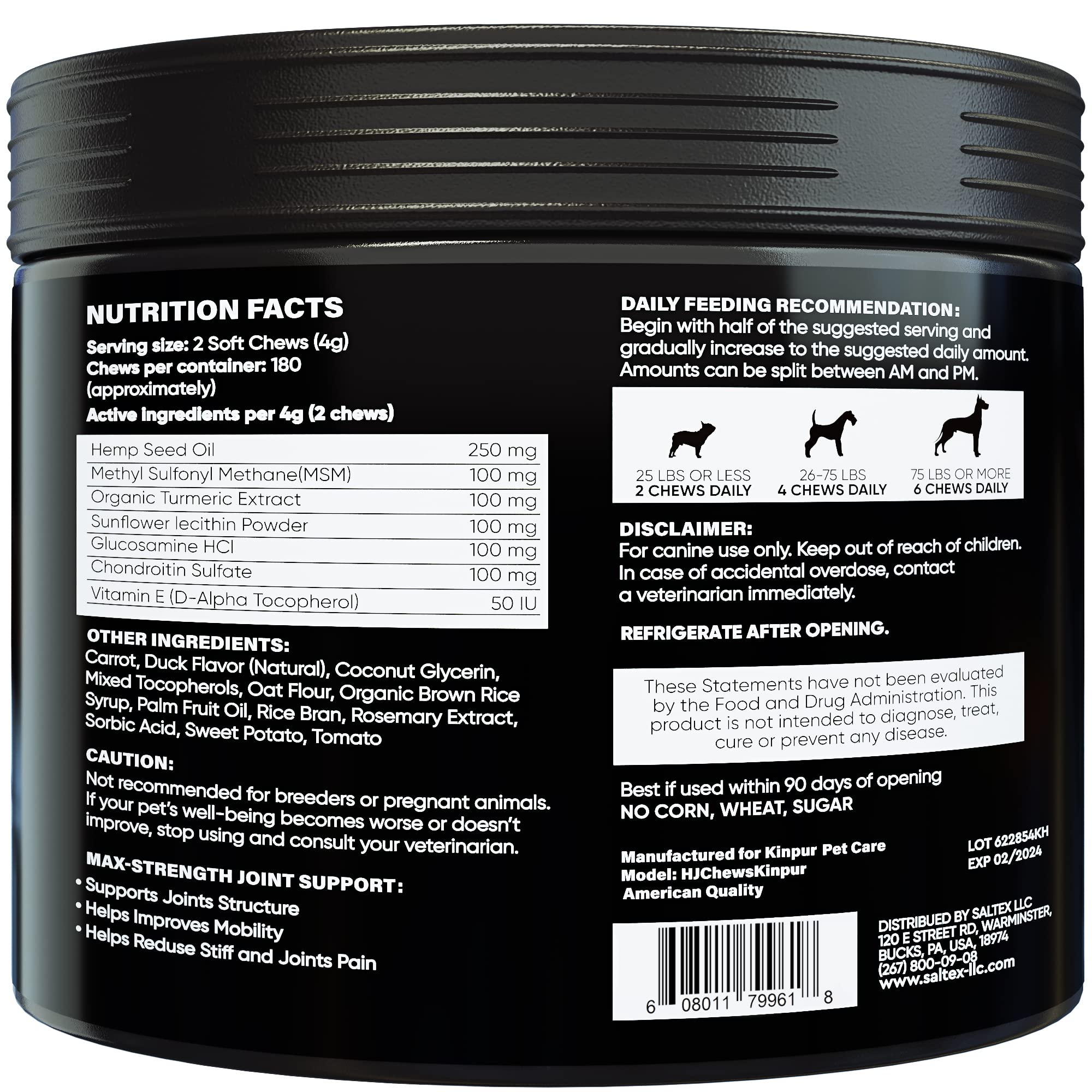 Kinpur 180-count duck-chews pack shown as convenient daily supplement for all breeds