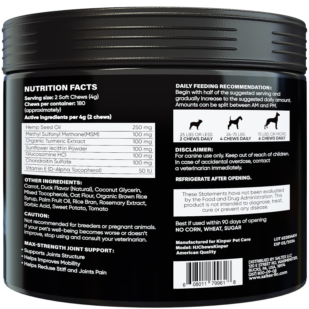 Kinpur 180-count duck-chews pack shown as convenient daily supplement for all breeds