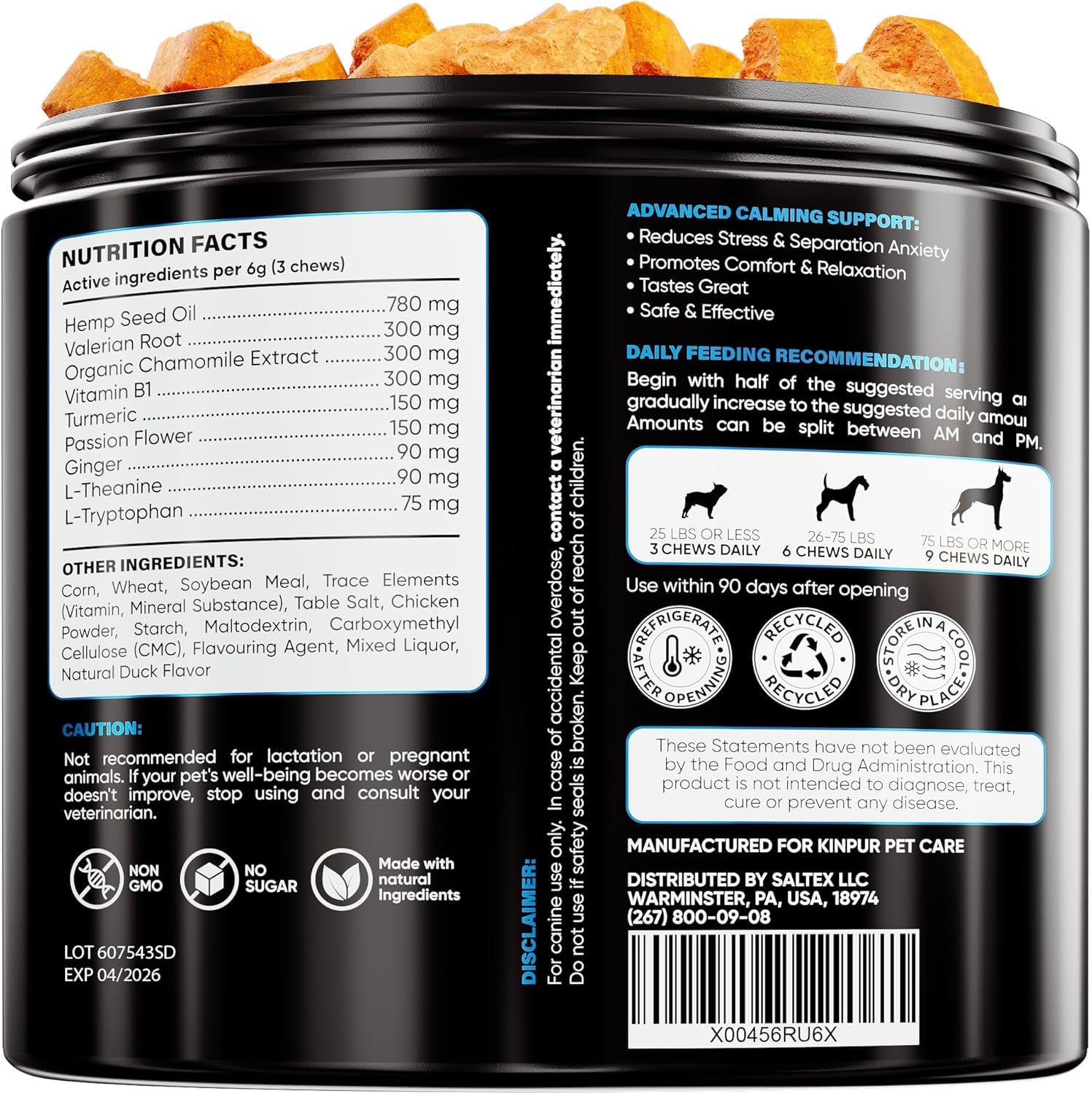 Kinpur Pet Care calming chews with hemp oil aid nervous dogs during fireworks and storms.