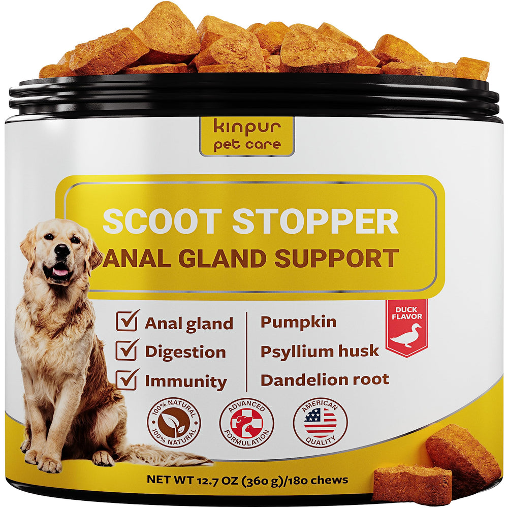 Kinpur Scoot Stopper duck chews packfront high-fiber formula for digestive comfort.