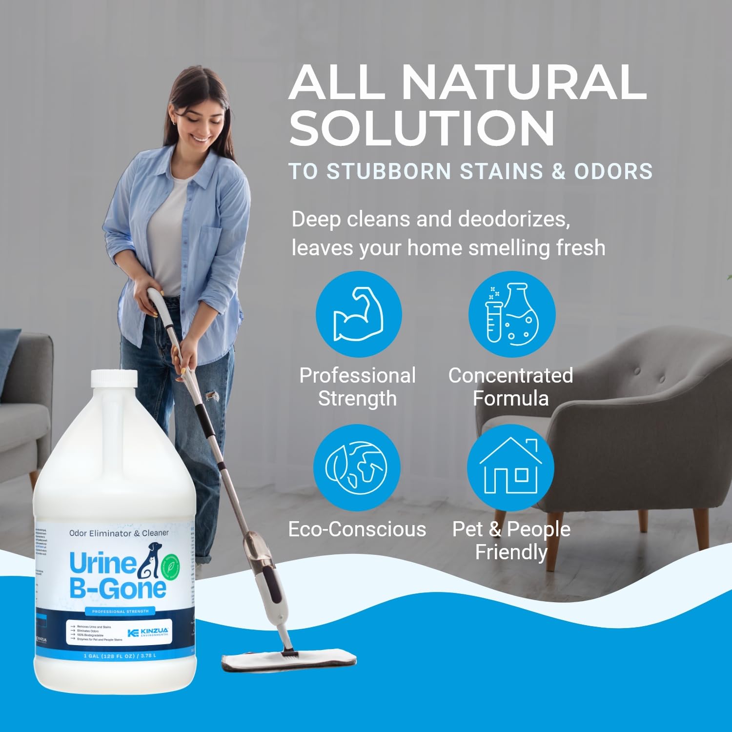 KINZUA ENVIRONMENTAL Urine B-Gone on carpet shows deep-penetration cleaning for embedded odors.