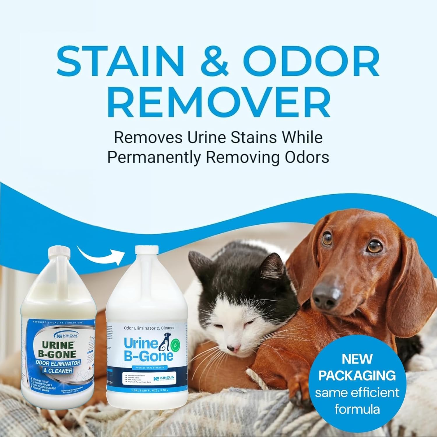 KINZUA ENVIRONMENTAL Urine B-Gone label closeup highlights enzyme formula for tough stains.
