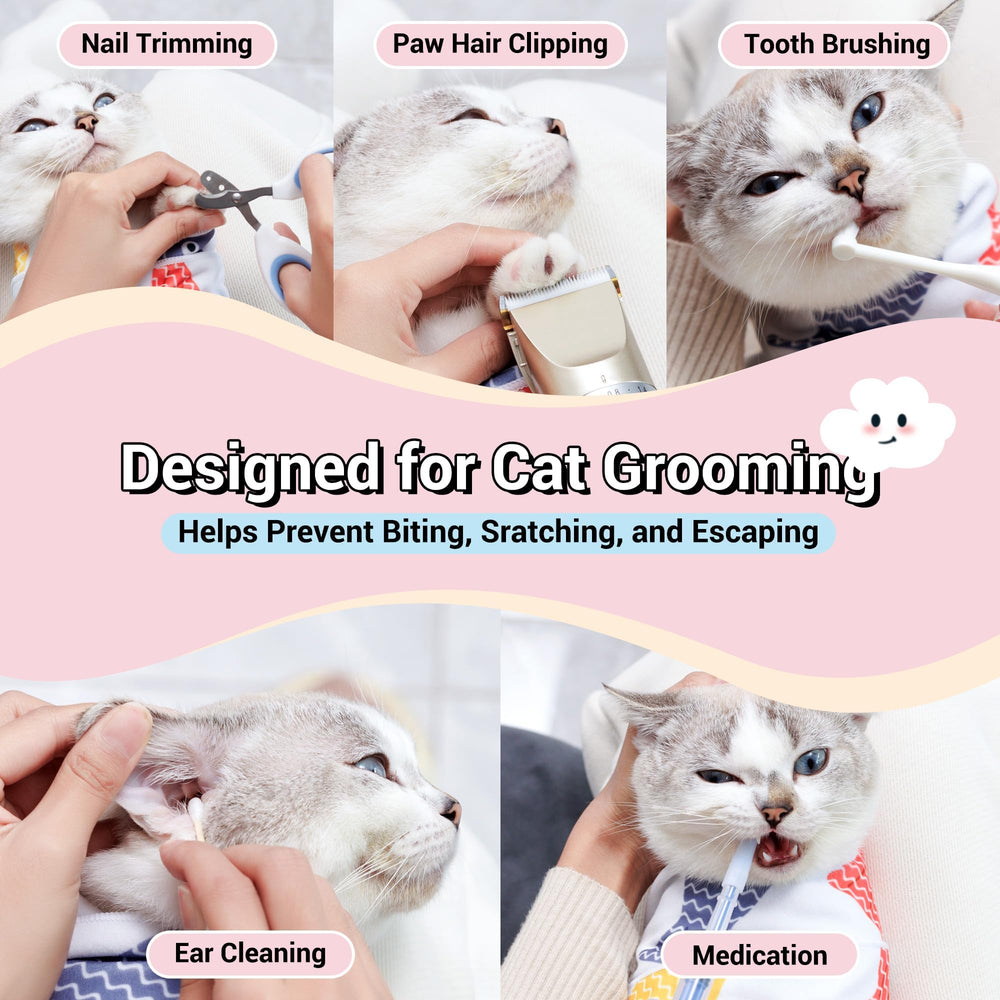 Kiorafoto cat grooming wrap soft polyester close-up shows gentle touch for pet comfort.