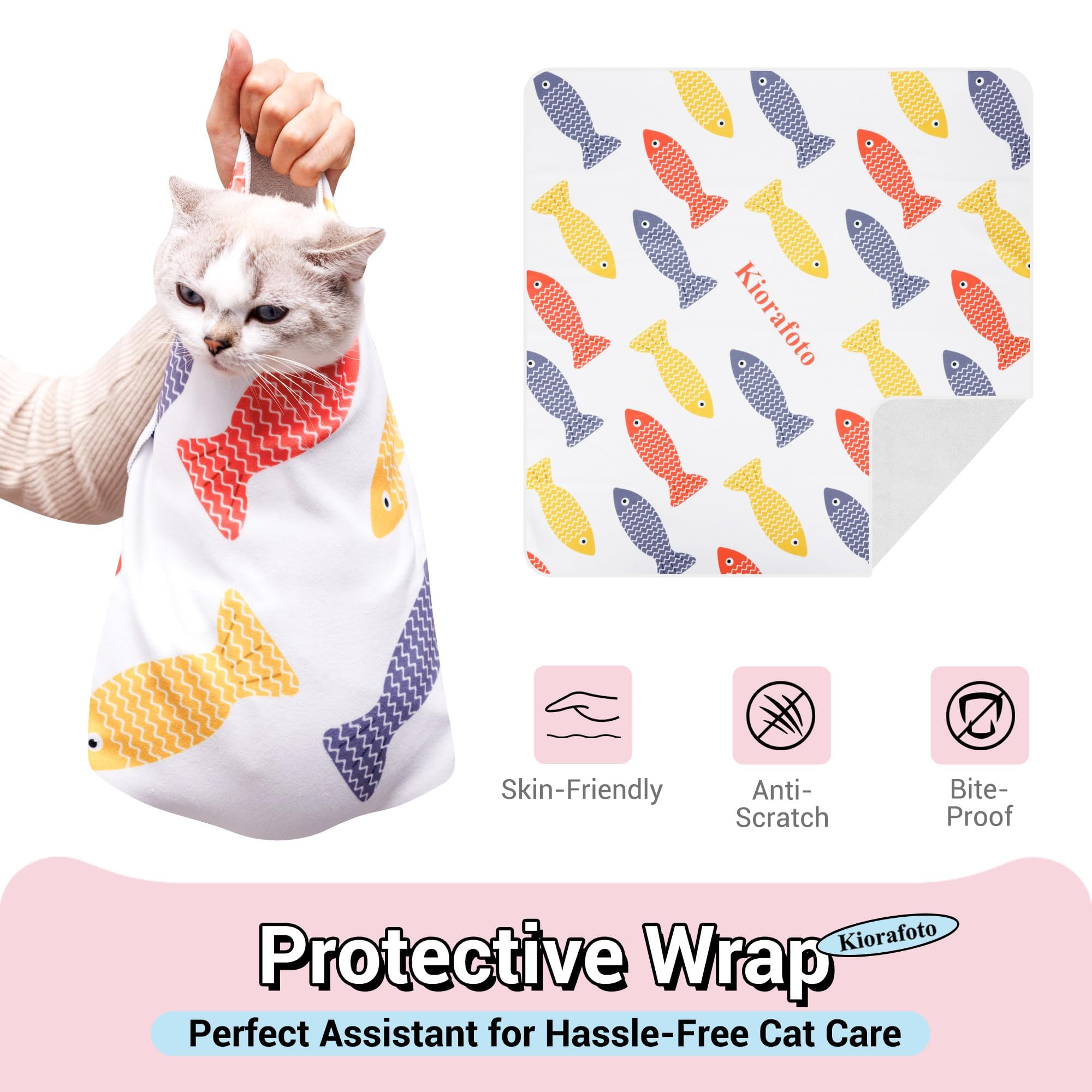 Kiorafoto cat swaddling wrap used during grooming for calm, controlled sessions.