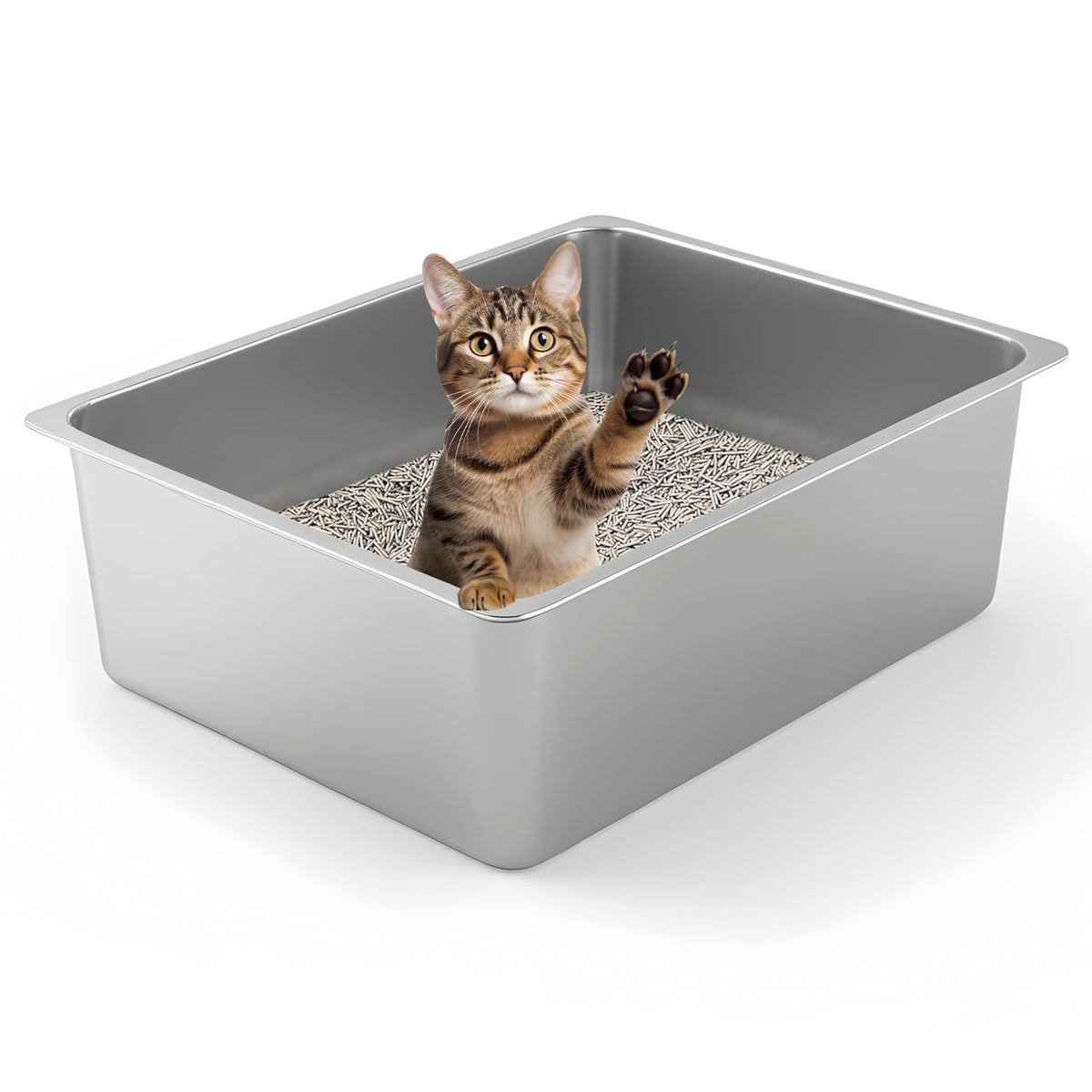 Kirecoo stainless steel cat litter box with open top supports easy entry.