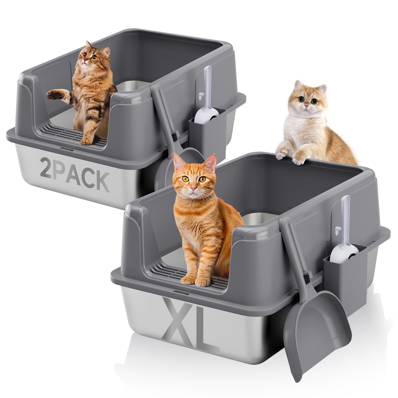 KISENG 2 Pack stainless steel litter box outside view, spacious for large cats and easy cleaning
