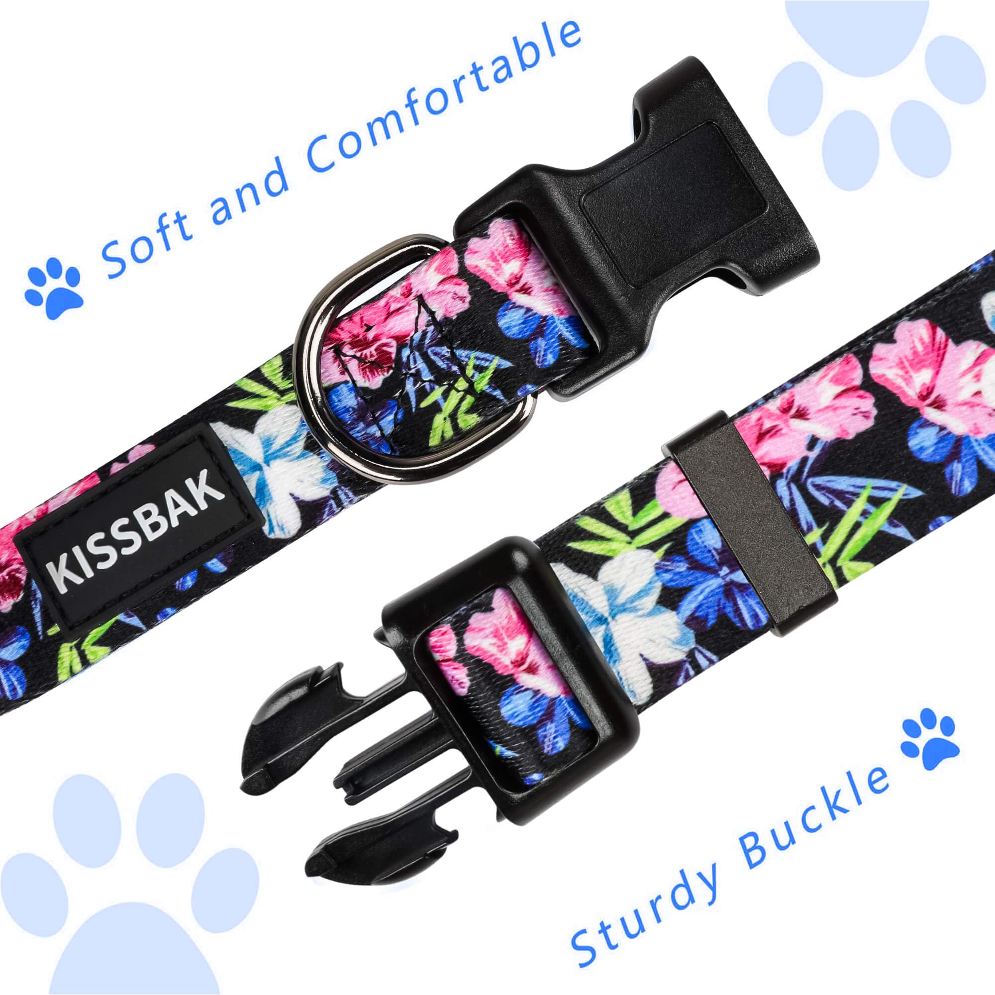 KISSBAK large adjustable-strap dog collar enables precise sizing and quick-release security.