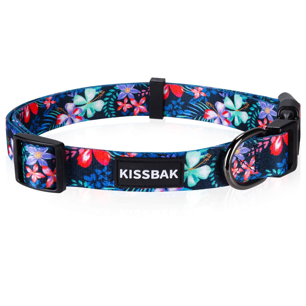 KISSBAK large dog collar Hibiscus pattern close-up, showcasing soft, durable fabric for all-day wear.