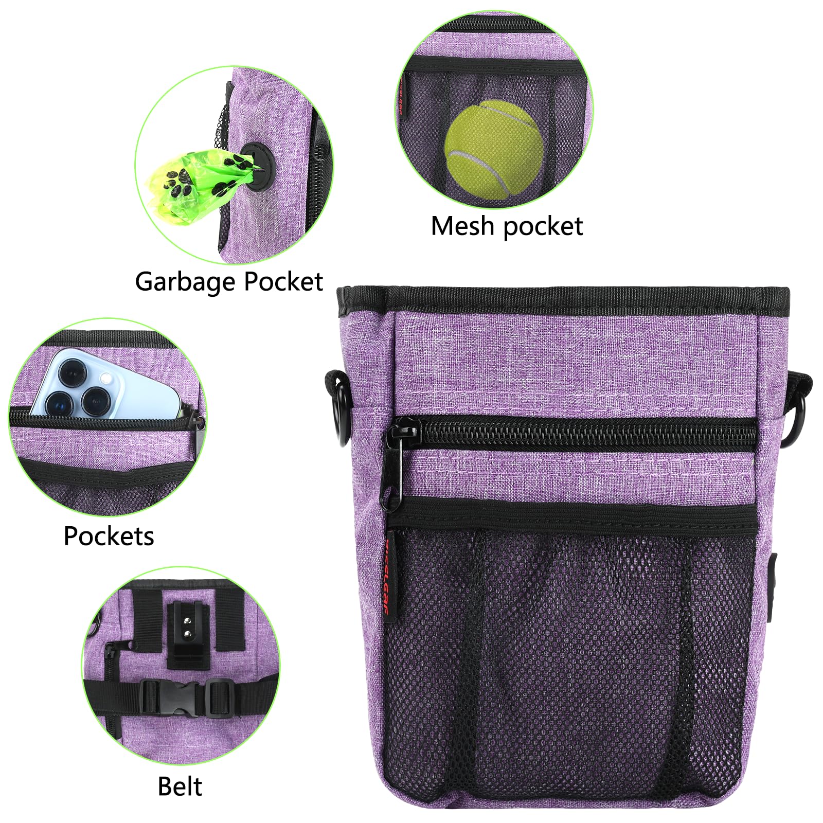 Kissleaf purple dog treat pouch shown for daily walks and easy access