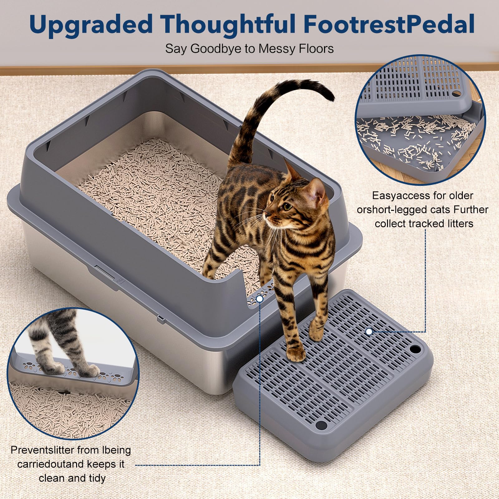 KITCATY stainless steel litter box front view demonstrates secure buckle.
