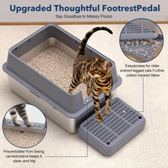 KITCATY stainless steel litter box front view demonstrates secure buckle.