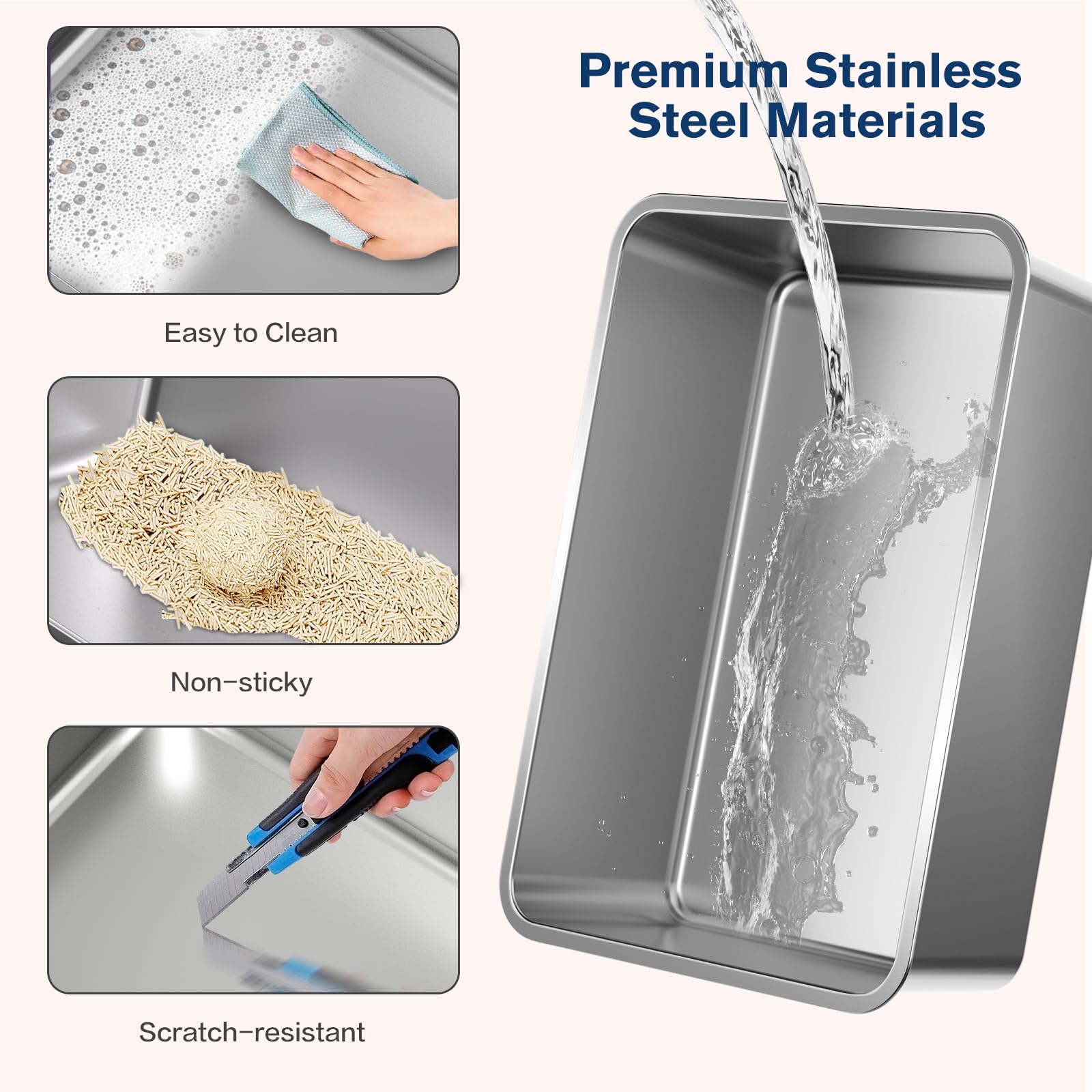 KITCATY stainless-steel litter box interior shows non-absorbent surface.