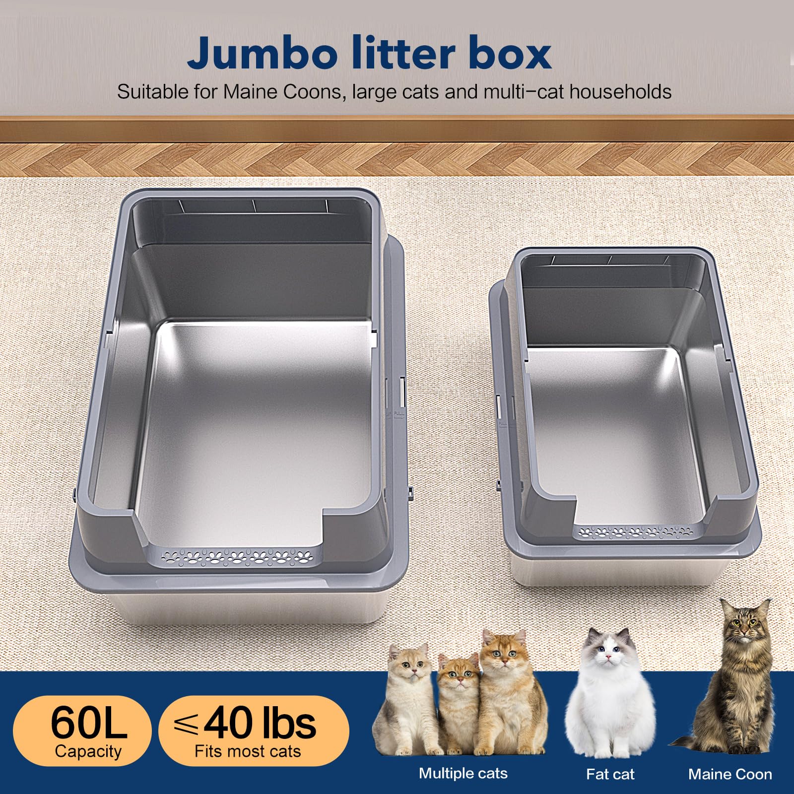 KITCATY stainless steel litter box side view highlights 12-inch high sides.