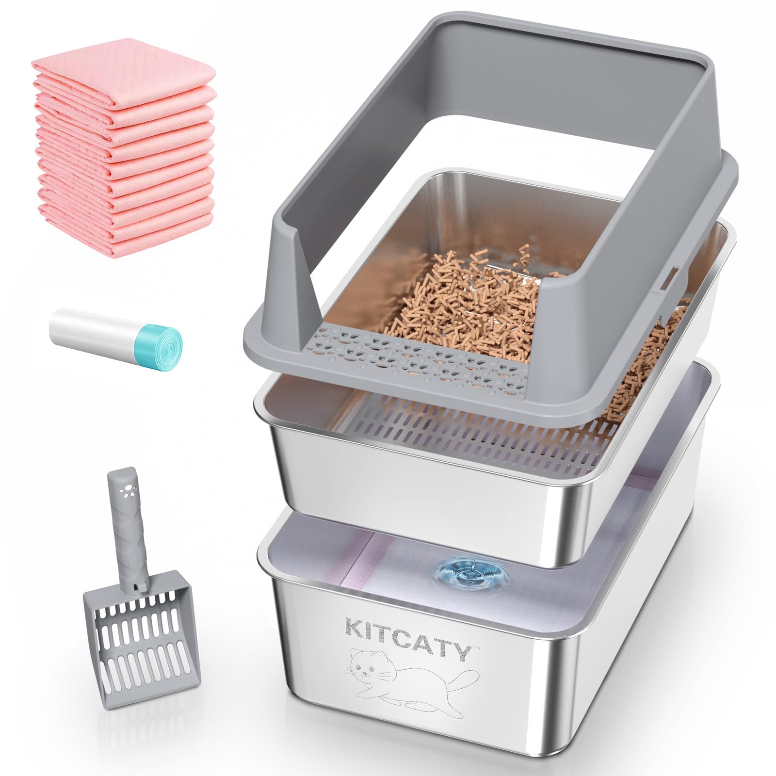 KITCATY stainless-steel sifting box top view for quick cleanup and odor control