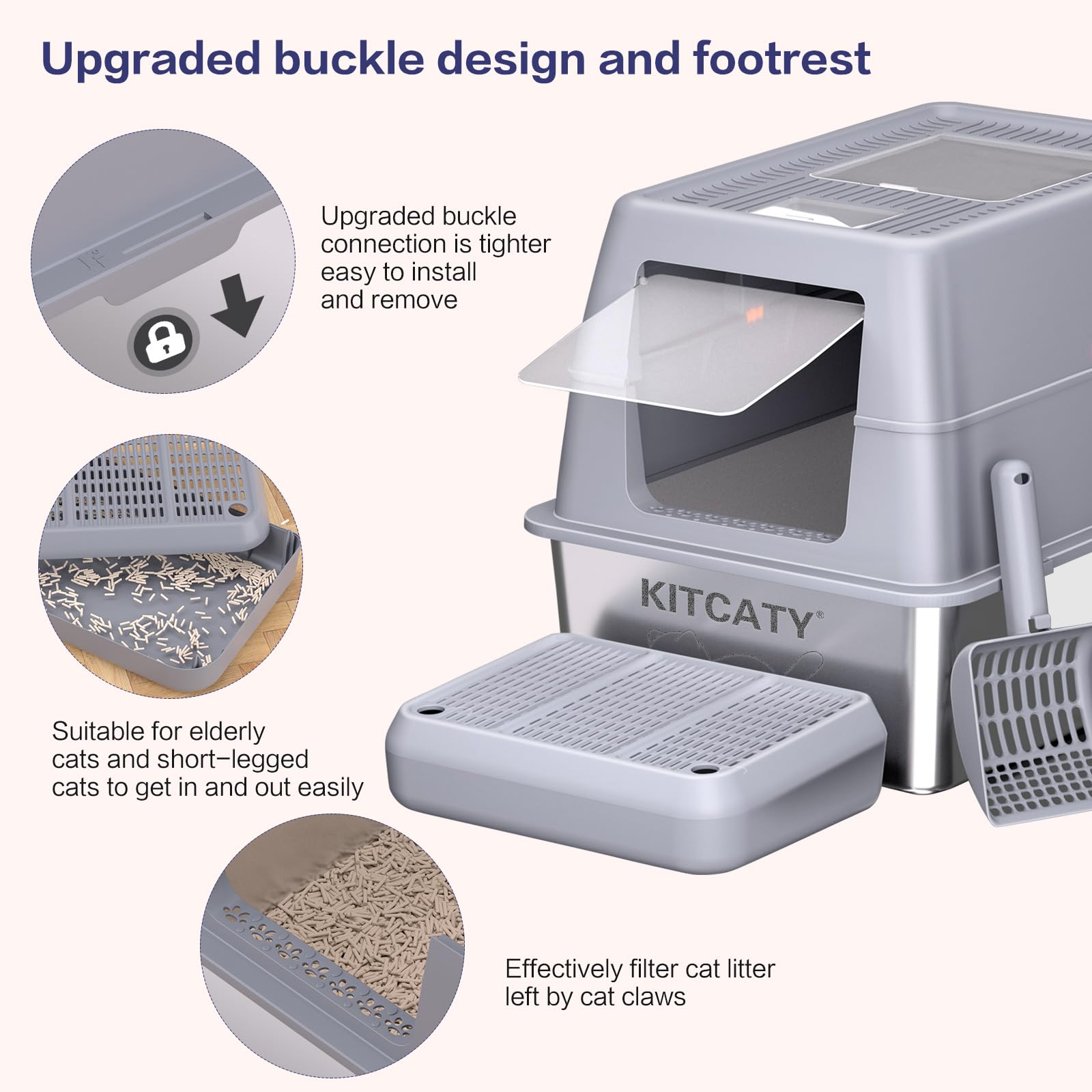 KITCATY XXXL litter box raised footrest traps litter from claws.