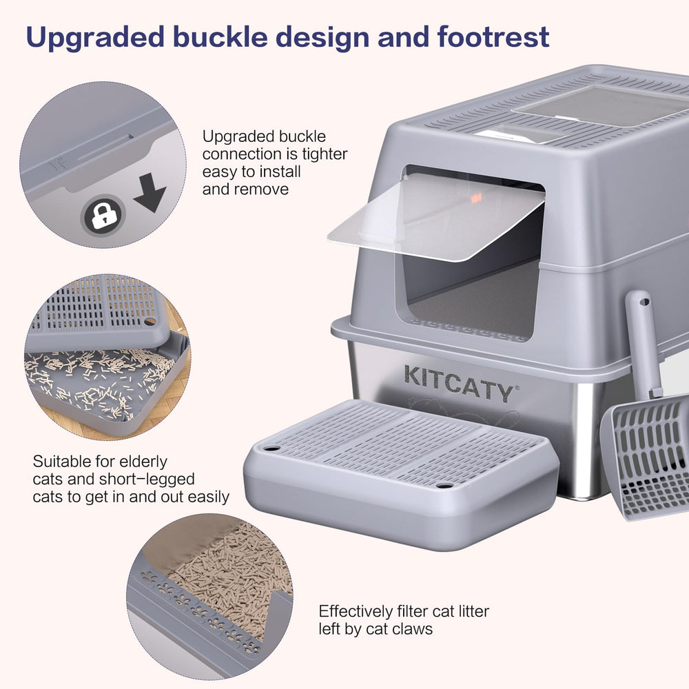 KITCATY XXXL litter box raised footrest traps litter from claws.