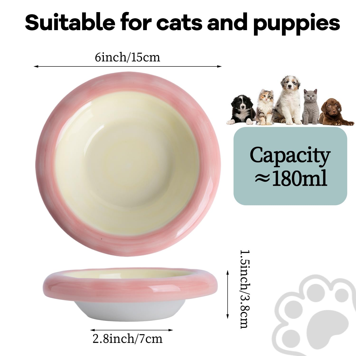 KITCHENLESTAR cat bowl 6inch yellow-pink closeup ceramic shows durable non-toxic material