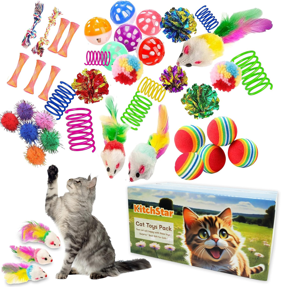KITCHSTAR 46pcs cat toys pack featuring varied toys to entertain indoor cats and promote exercise.