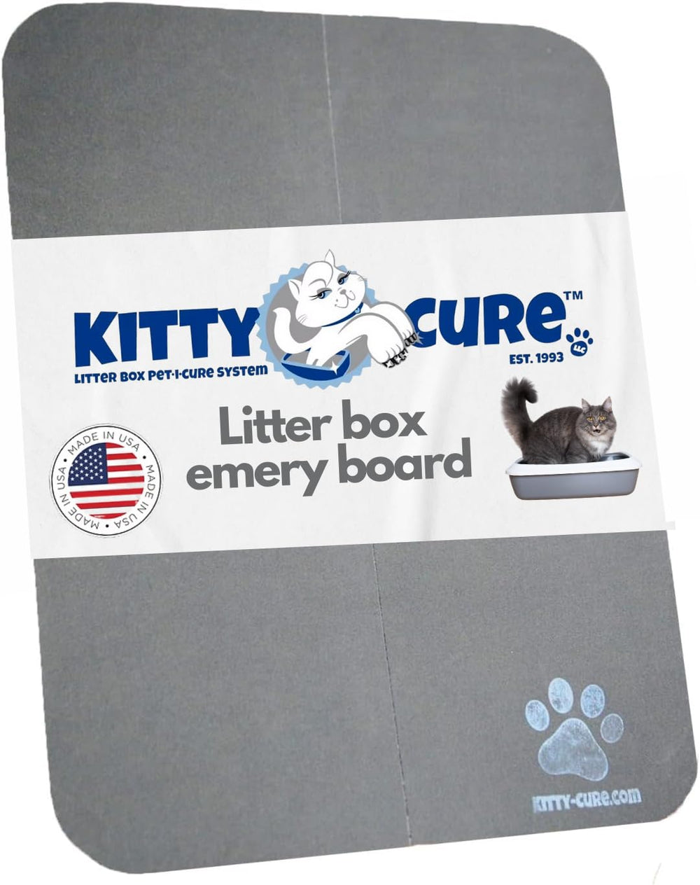 Kitty Cure cat nail file scratcher in litter box enables natural claw filing during use