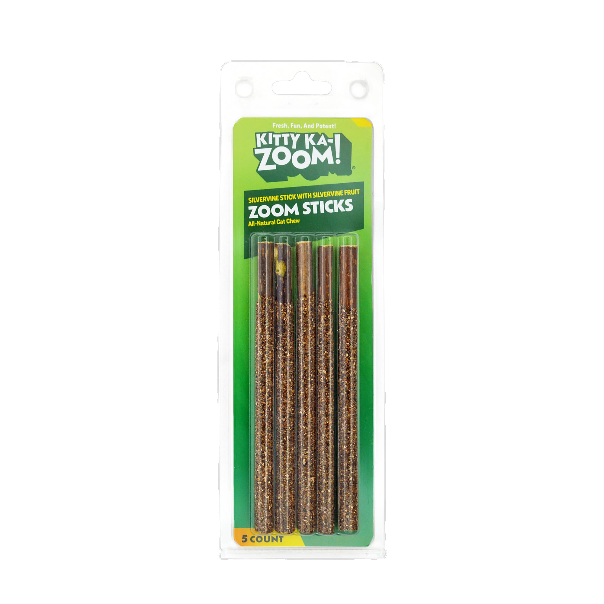 Kitty Ka-Zoom Silvervine Zoom Stick packaging highlights a natural dental-support chew for cats.