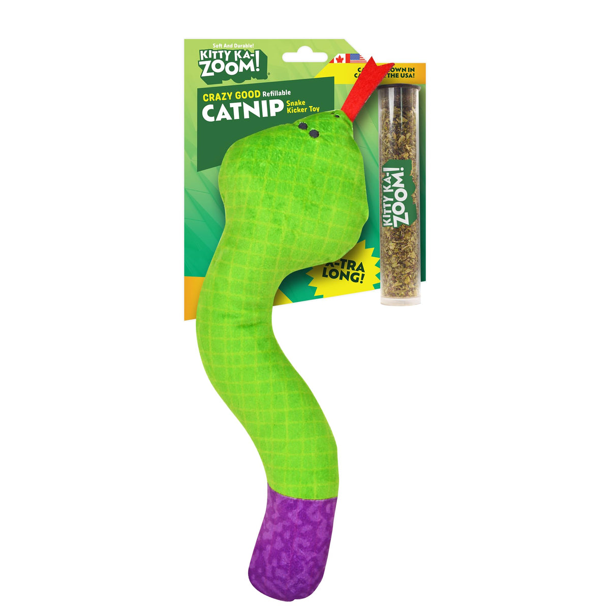 KITTY KA-ZOOM Zoomie Snake Kicker packaging highlights durable, refillable catnip toy for play