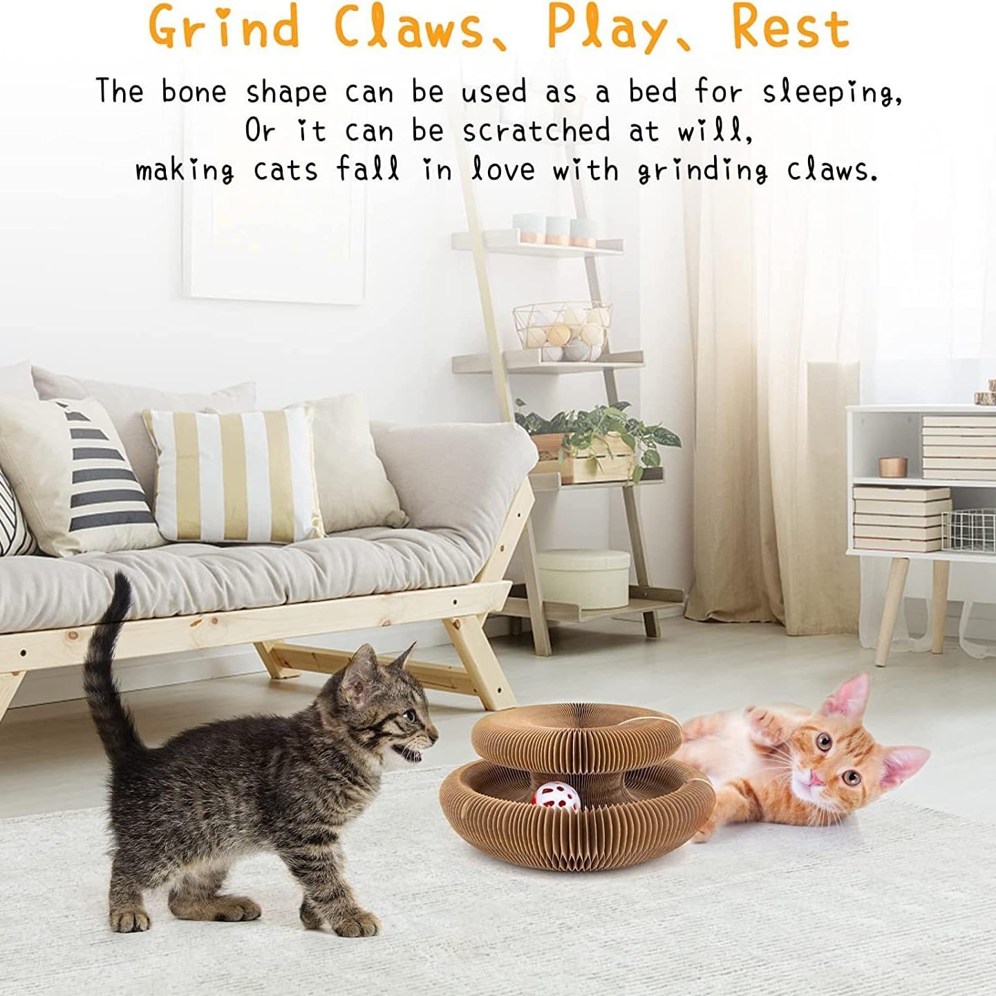 Kitty Kurlz Magic Organ cat scratcher cozy bed conversion supports rest after play sessions.
